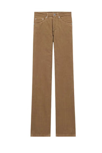 Saint Laurent women’s tan corduroy straight-leg pants with five-pocket design and silver-toned hardware