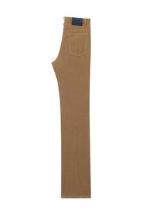Saint laurent women’s tan straight-leg pants with dark blue waistband label in clyde beige material