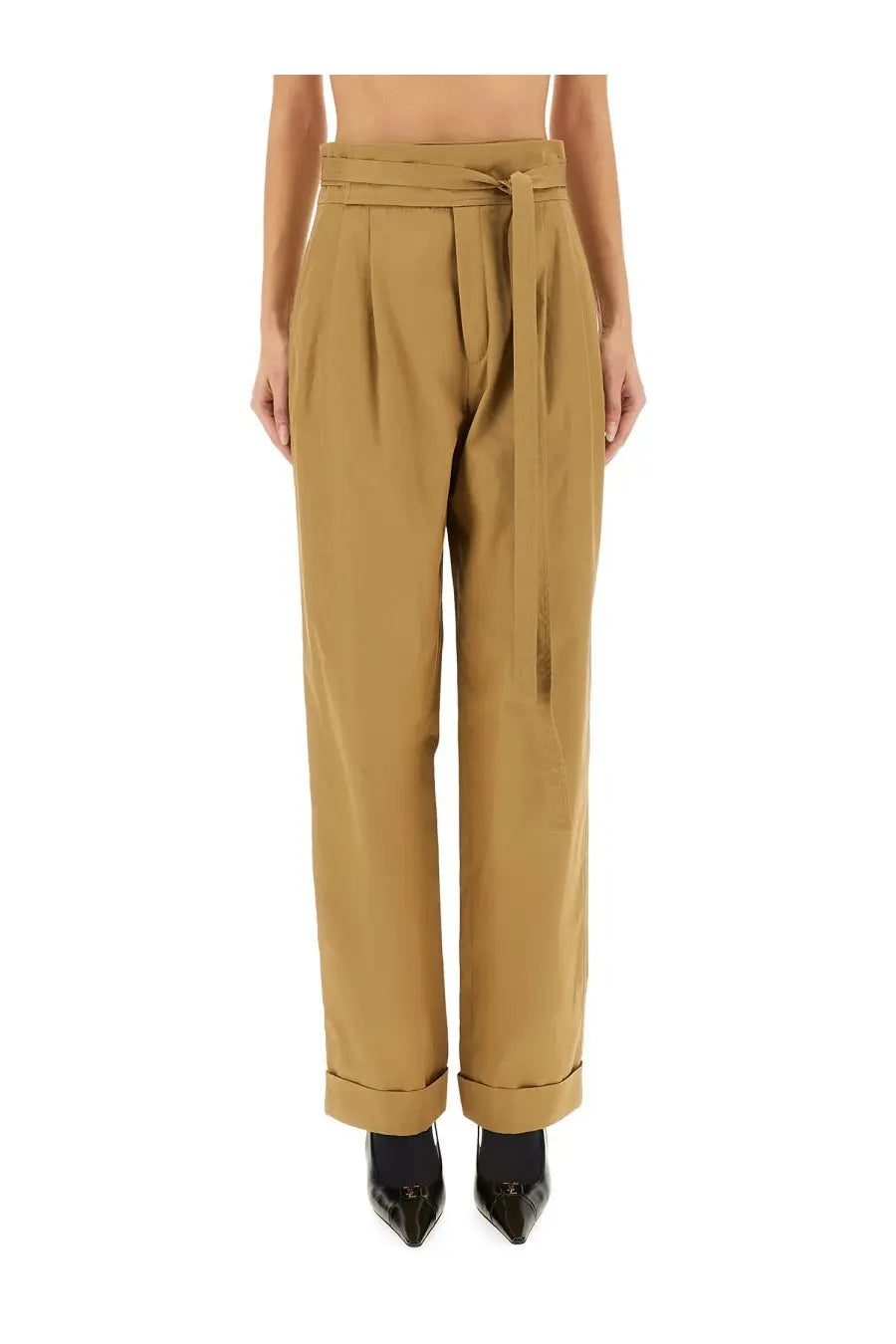Saint Laurent women’s gurkha serge beige tan high-waisted trousers with self-tie belt and cuffed hems