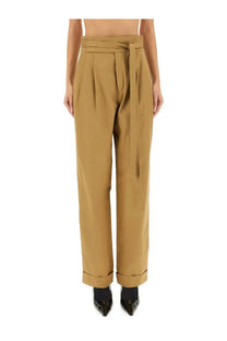 Saint Laurent women’s gurkha serge beige tan high-waisted trousers with self-tie belt and cuffed hems