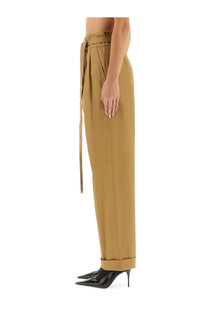 Tan high waisted saint laurent womens gurhka serge pants with self tie belt and rolled cuffs in beige serge fabric