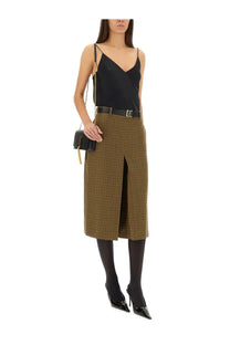 Saint Laurent women’s brown black and gold houndstooth midi pants skirt with front slit in textured fabric