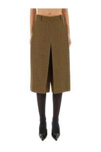 Saint Laurent women’s brown and black houndstooth midi skirt with front slit perfect for stylish occasions