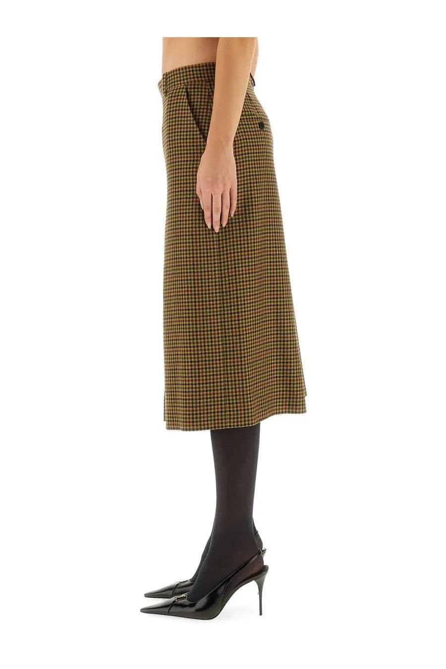 Saint Laurent women’s brown houndstooth midi skirt with high waistband perfect for stylish casual wear