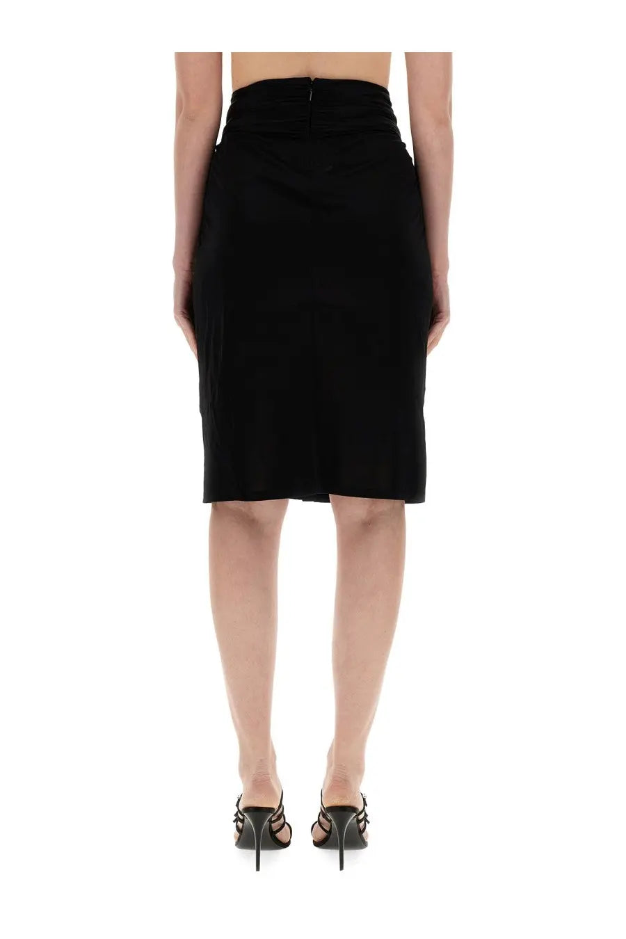 Saint Laurent women’s black high-waisted pencil skirt with smooth tailored fit and subtle back zipper detail shown from back