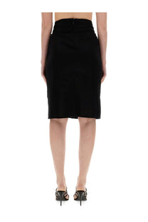 Saint Laurent women’s black high-waisted pencil skirt with smooth tailored fit and subtle back zipper detail shown from back