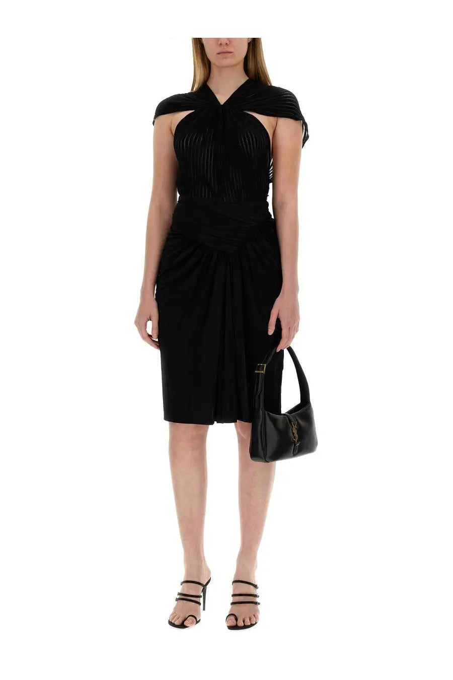 Black leather ysl handbag with gold tone logo hardware complementing saint laurent women’s pencil skirt black