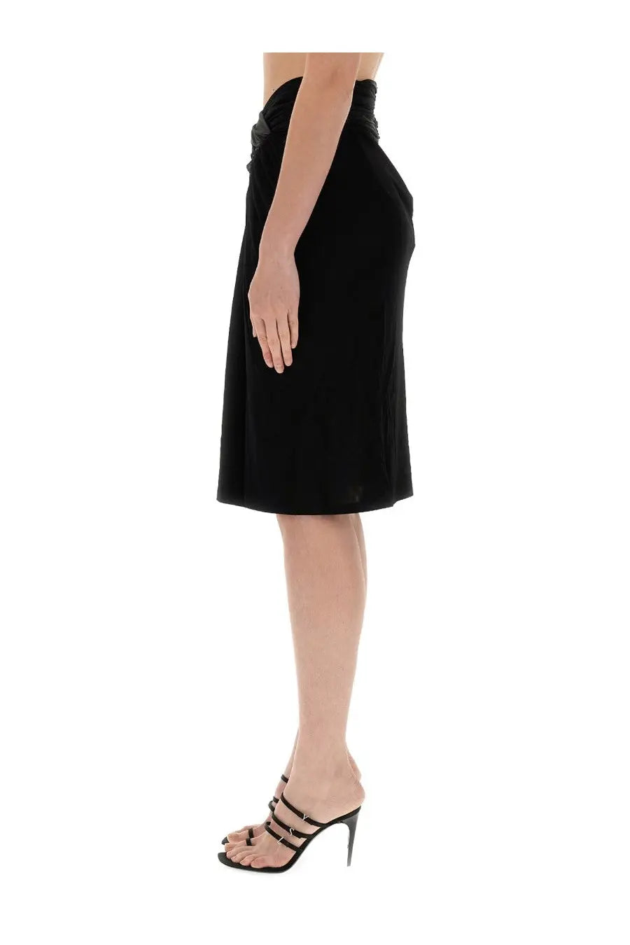 Saint Laurent women’s black velvet pencil skirt with a gathered waistband and midi length for elegant wear