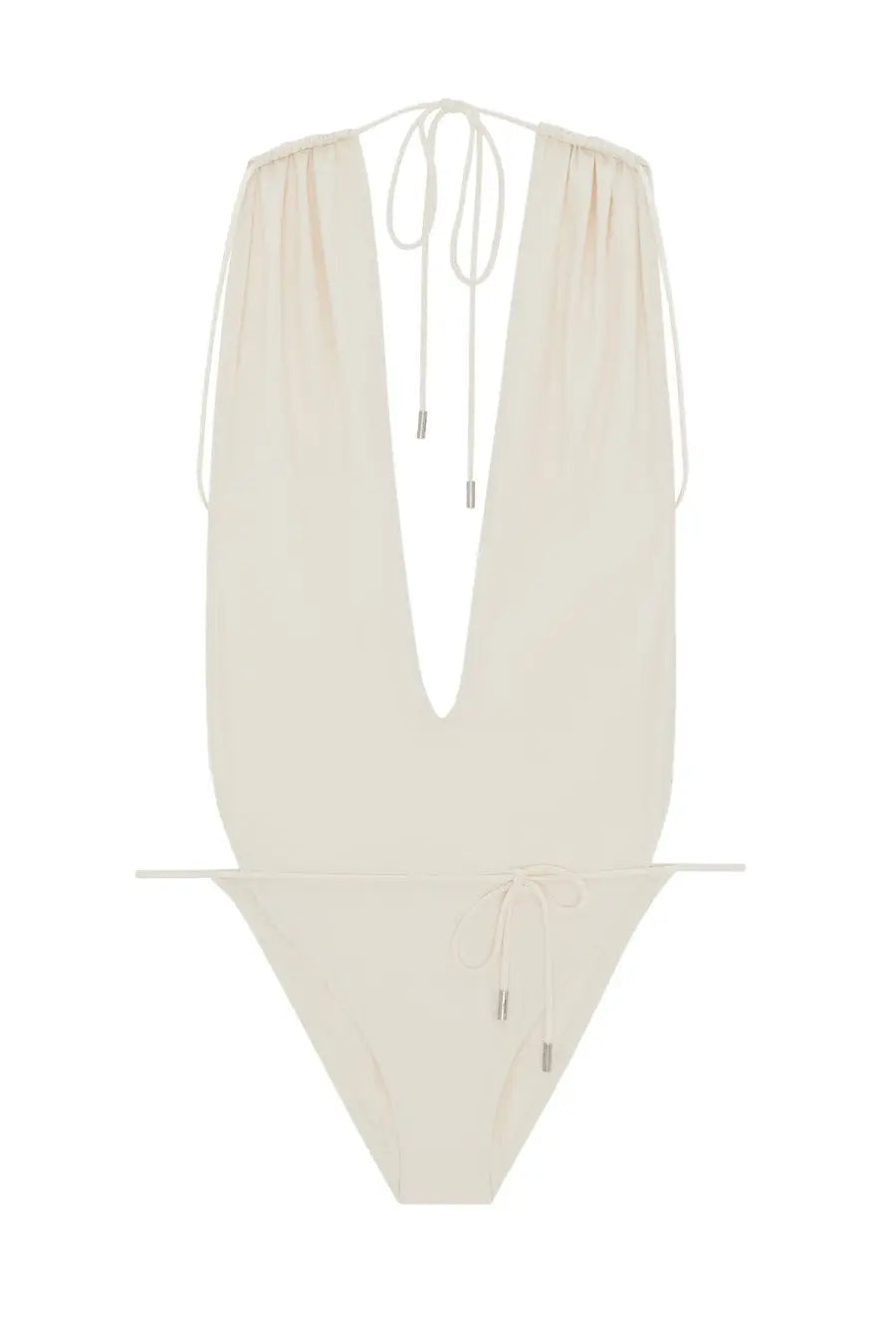 Saint Laurent women’s cream one-piece swimsuit with deep v-neckline and adjustable tie straps at neck and waist
