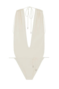 Saint Laurent women’s cream one-piece swimsuit with deep v-neckline and adjustable tie straps at neck and waist
