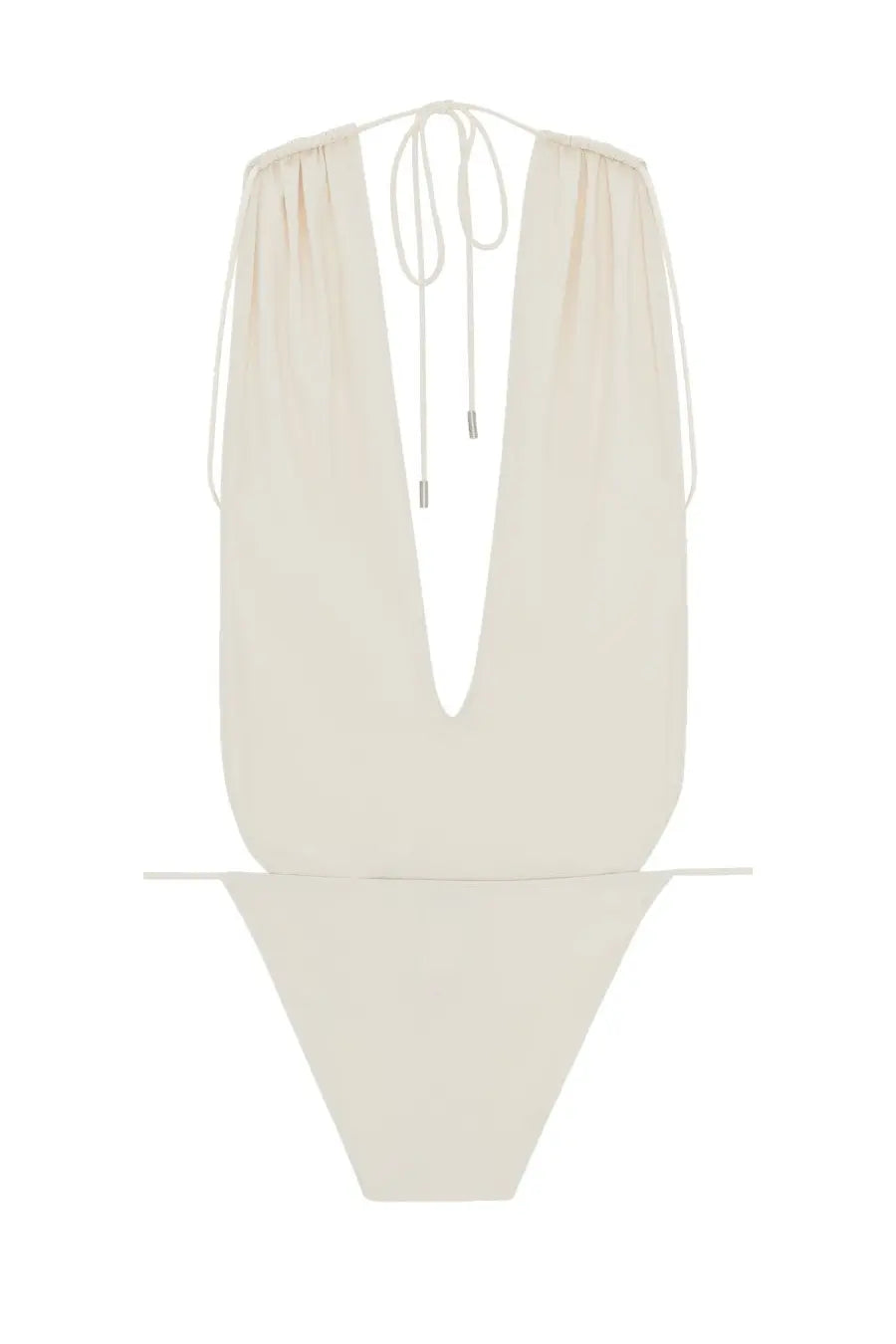 Saint Laurent women’s cream-colored one-piece swimsuit with deep v-neckline and adjustable tie-back straps