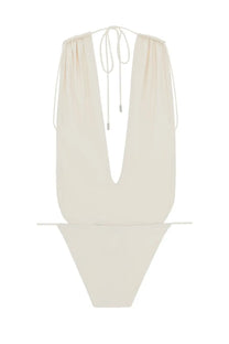 Saint Laurent women’s cream-colored one-piece swimsuit with deep v-neckline and adjustable tie-back straps