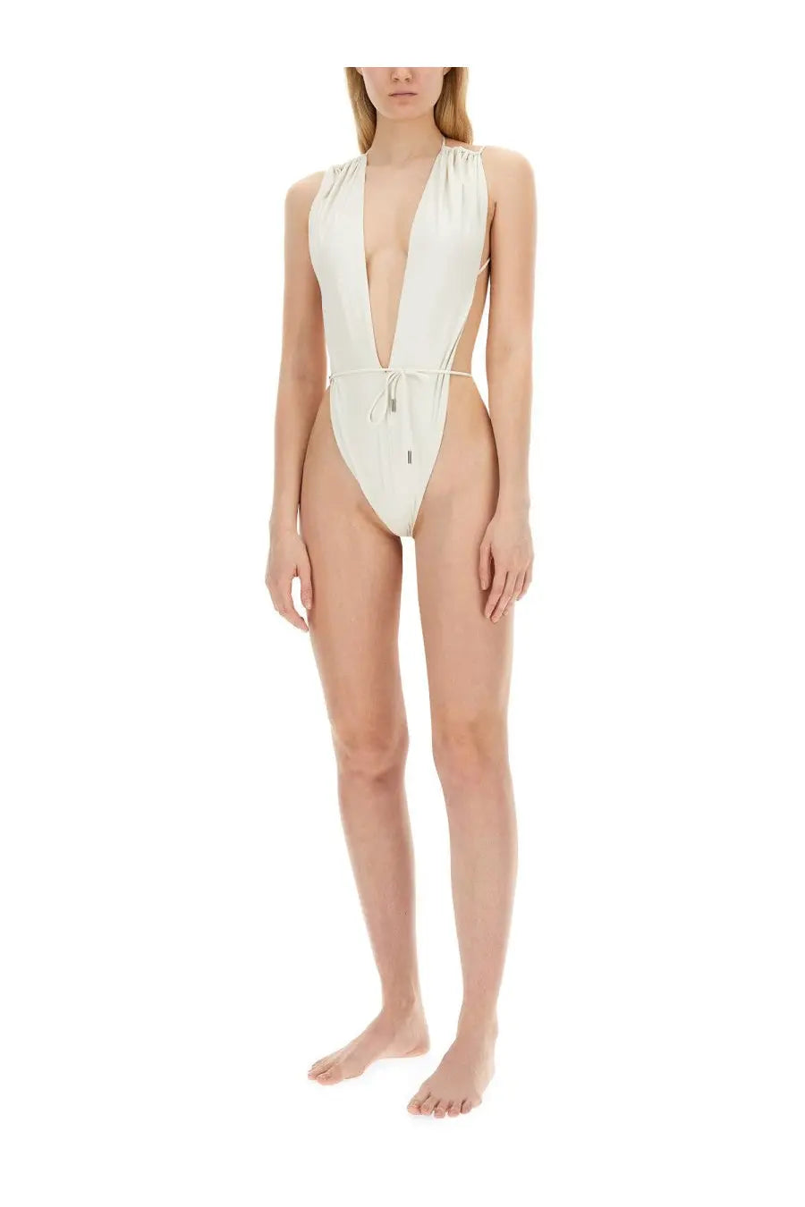 Saint Laurent women’s white one-piece swimsuit with plunging neckline and side cutouts in sleek design