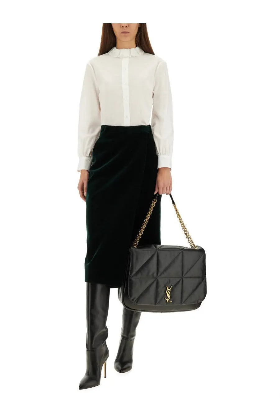 Black quilted leather saint laurent handbag with gold-tone chain strap and ysl logo shown with white pierrot collar shirt