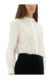 Saint Laurent women’s white blouse with delicate ruffled pierrot collar and long sleeves in lightweight fabric