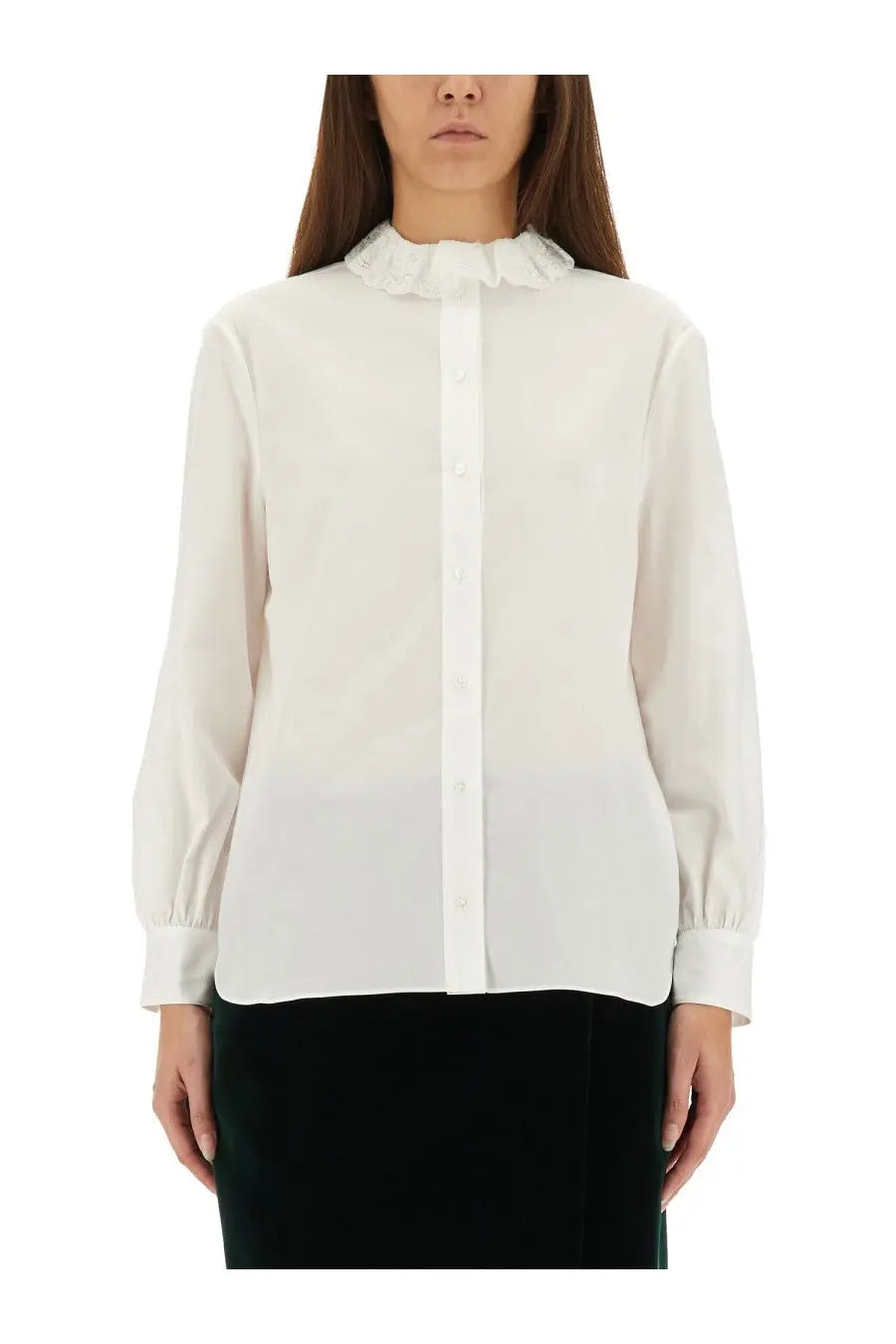 Saint Laurent women’s pierrot collar shirt white with a delicate ruffled collar long sleeves lightweight fabric