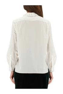 Saint Laurent women’s pierrot collar white blouse with ruffled collar and sheer long sleeves in crisp fabric