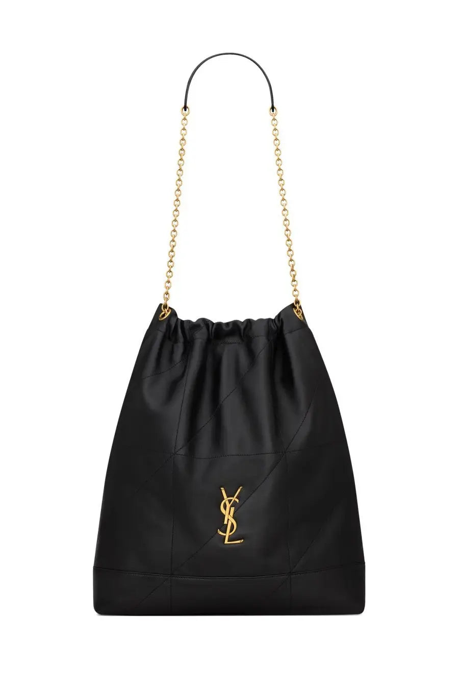 Saint Laurent women’s pochon Jamie large black satin drawstring bag with gold-tone YSL logo and chain strap