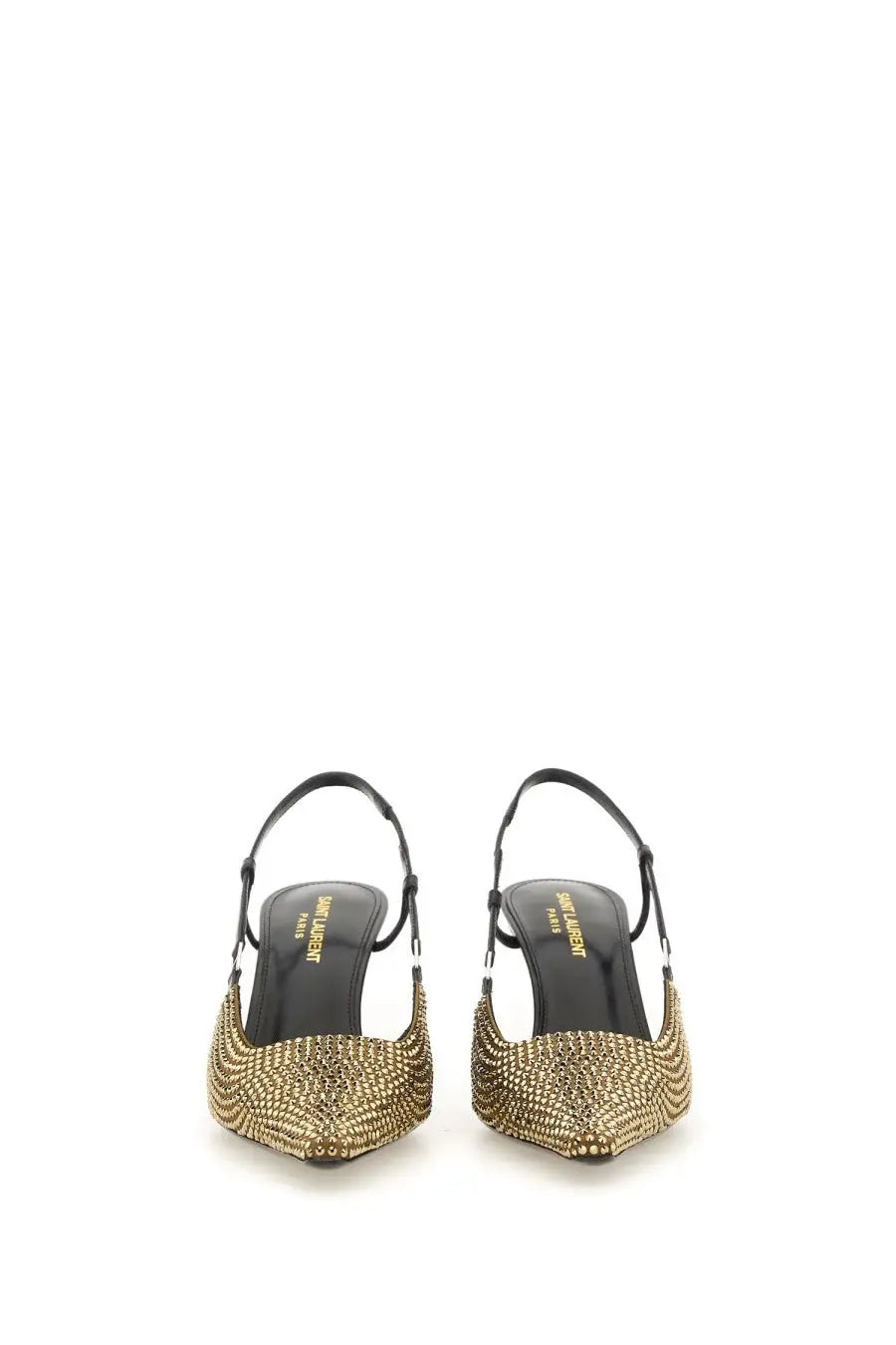 Saint Laurent women’s pump stone black gold-tone crystal-embellished pointed-toe slingback heels with black leather straps