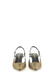 Saint Laurent women’s pump stone black gold-tone crystal-embellished pointed-toe slingback heels with black leather straps