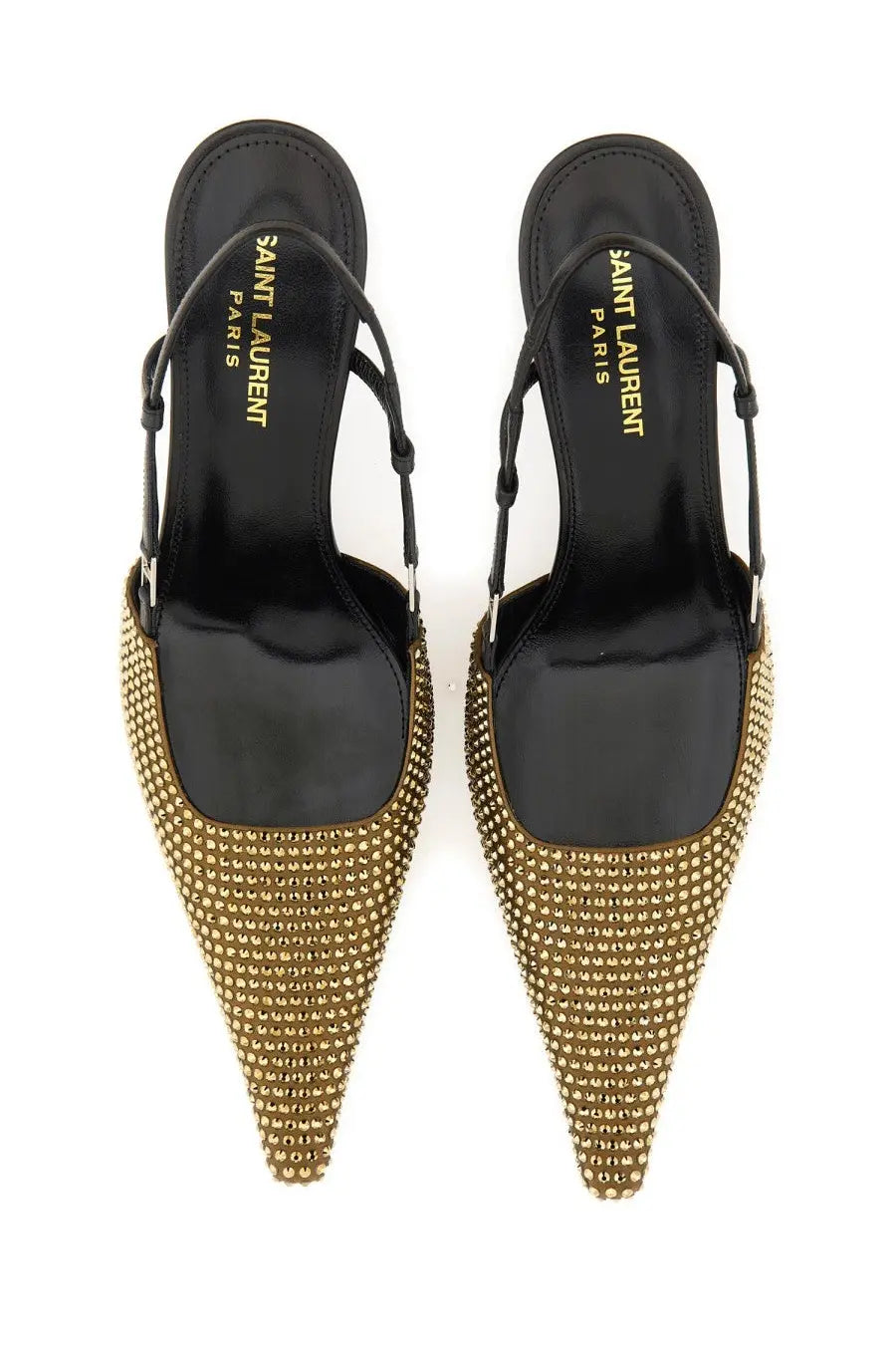 Saint Laurent women’s stone black slingback pump heels with pointed toe and gold-tone crystal embellishments