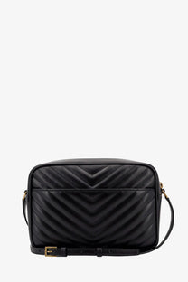 Saint Laurent women’s black quilted leather camera crossbody bag with gold-tone hardware and shoulder strap