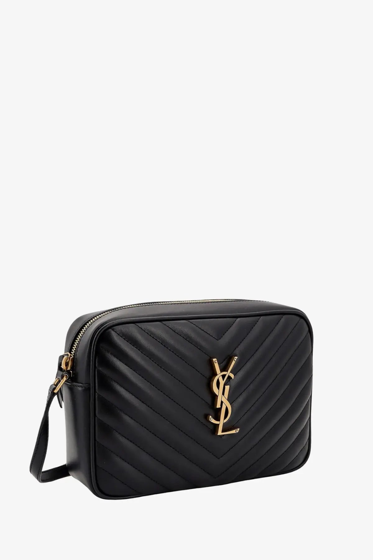 Saint Laurent women’s black quilted leather camera bag with gold-tone YSL logo crossbody shoulder bag