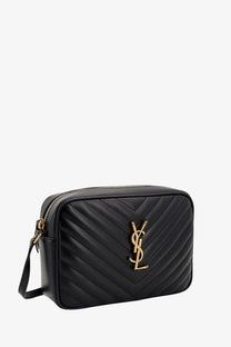 Saint Laurent women’s black quilted leather camera bag with gold-tone YSL logo crossbody shoulder bag