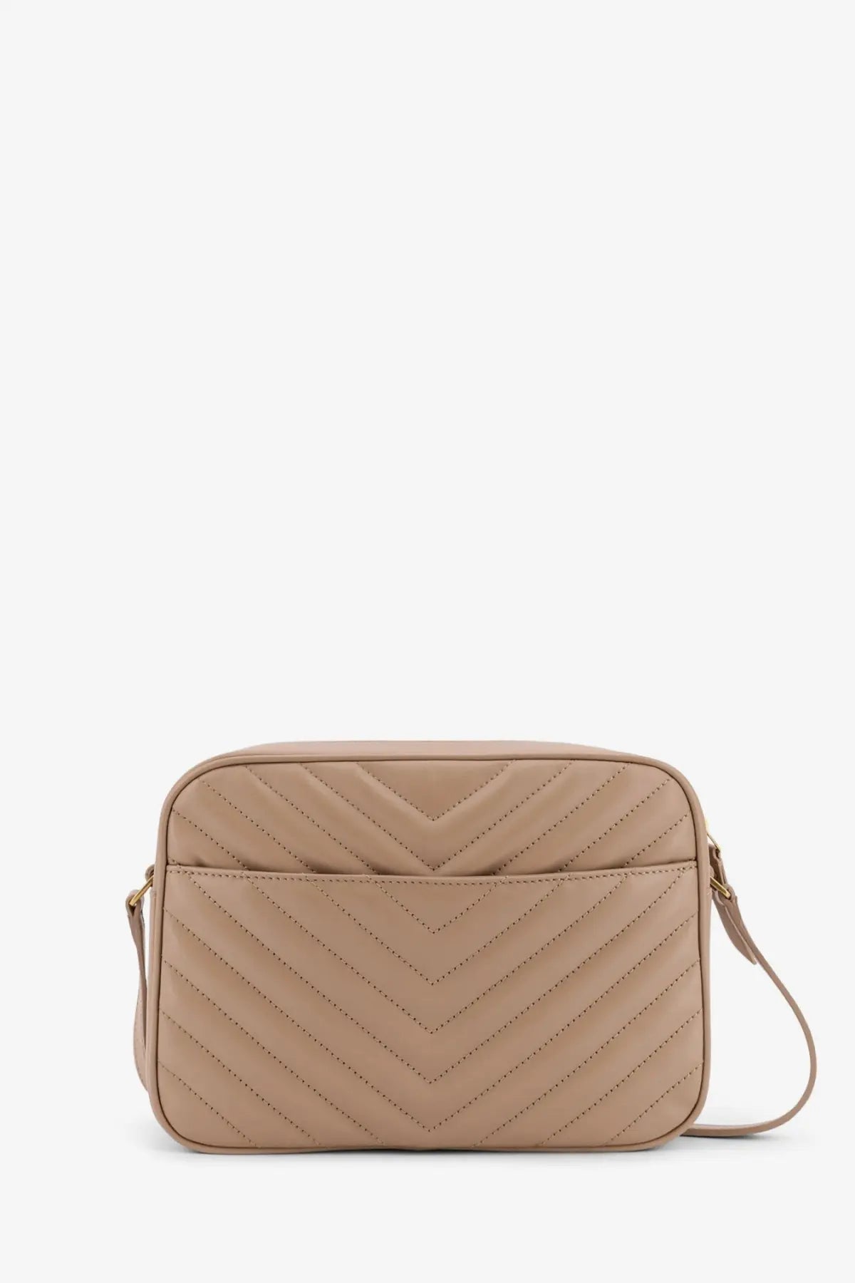 Beige quilted leather Saint Laurent womens Lou camera bag with chevron pattern and matching crossbody strap