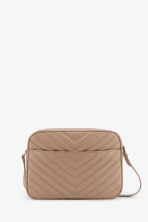 Beige quilted leather Saint Laurent womens Lou camera bag with chevron pattern and matching crossbody strap
