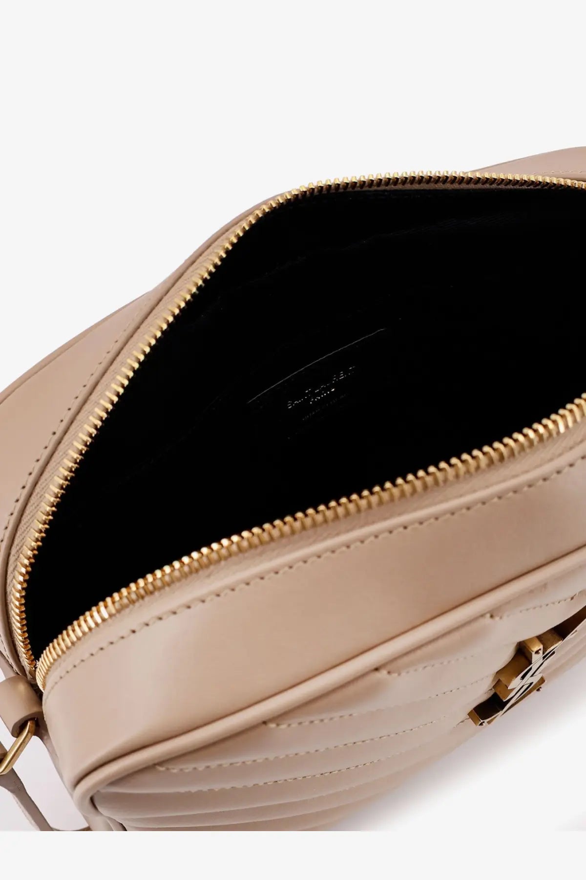 Saint Laurent women’s beige quilted leather crossbody lou camera bag with gold-tone hardware and black interior lining