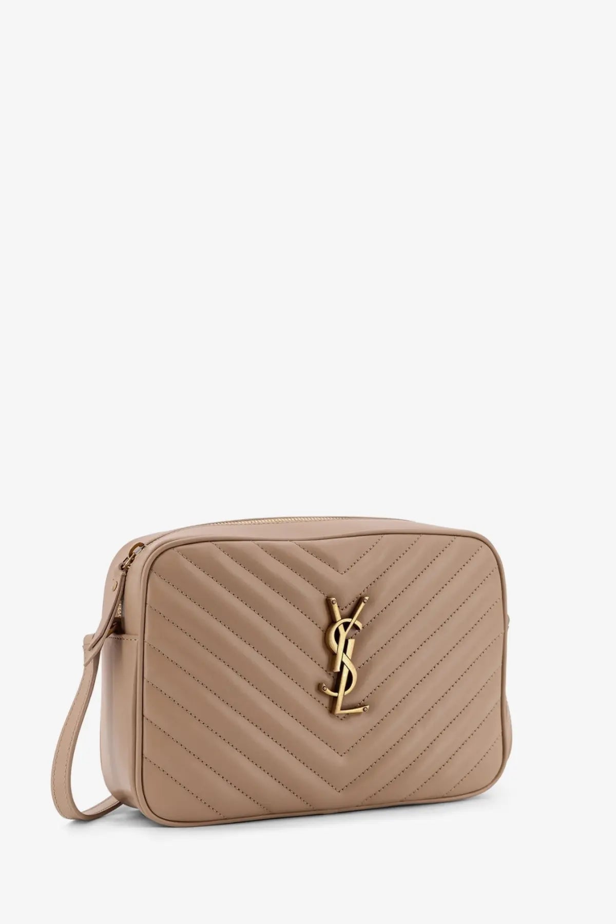 Beige quilted leather crossbody bag with gold-tone ysl logo from Saint Laurent women’s lou camera collection