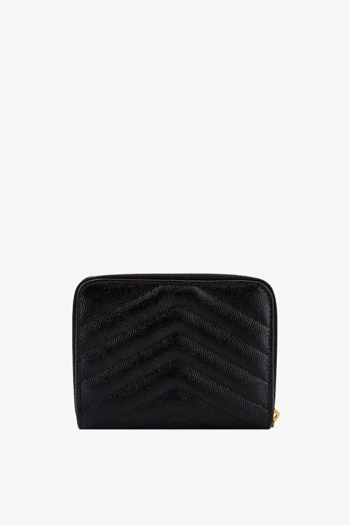 Saint Laurent women’s black quilted leather wallet with chevron pattern and gold-tone zipper closure