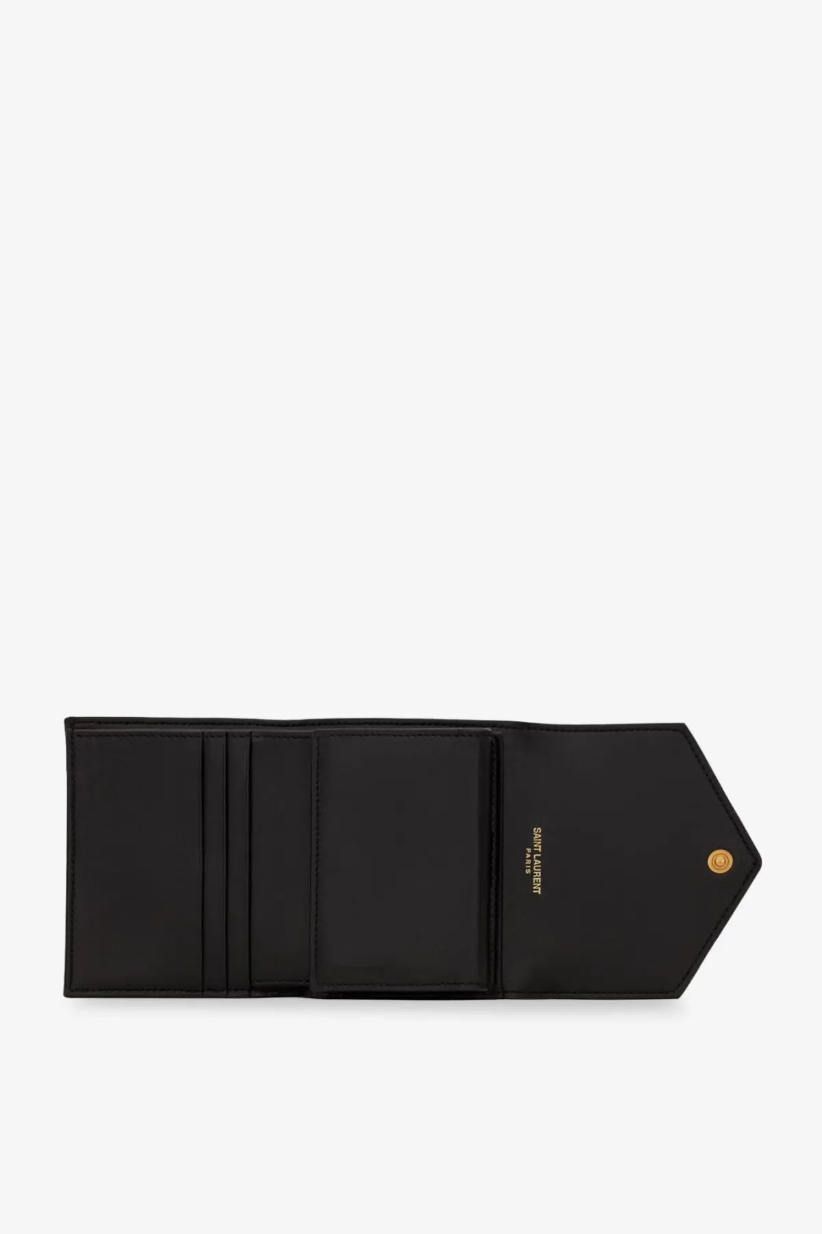 Saint Laurent women’s quilted leather wallet in black with gold-tone hardware and a sleek minimalist design