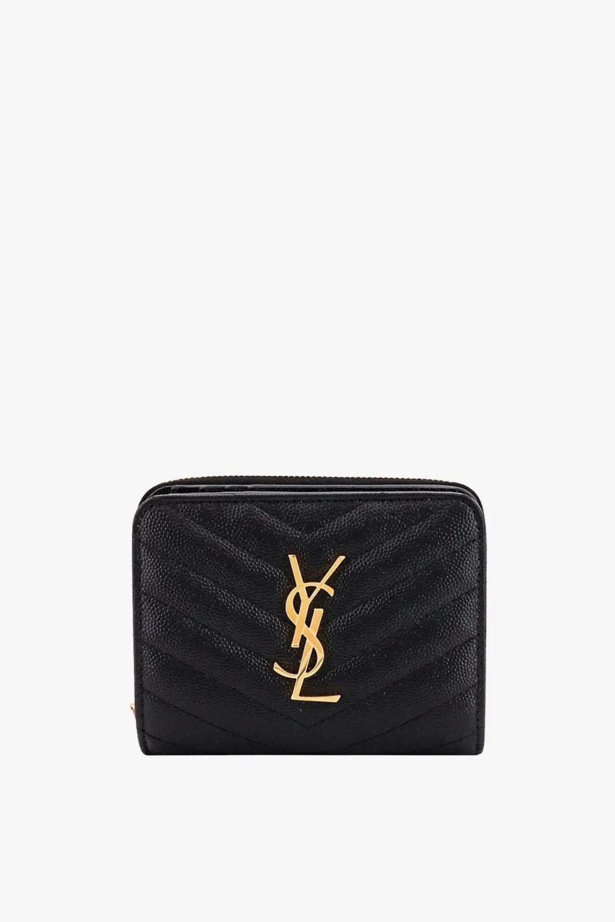 Black quilted leather Saint Laurent women’s wallet with gold-tone YSL logo front detail in elegant design