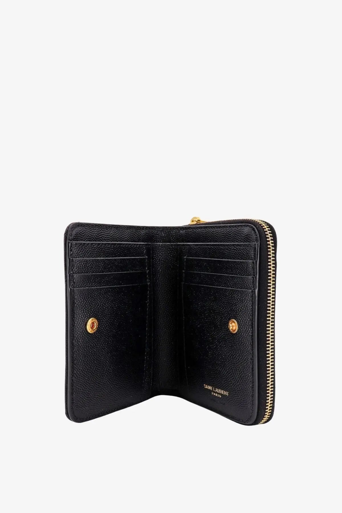 Saint Laurent women’s quilted black leather wallet with gold-tone zipper hardware and Saint Laurent Paris logo
