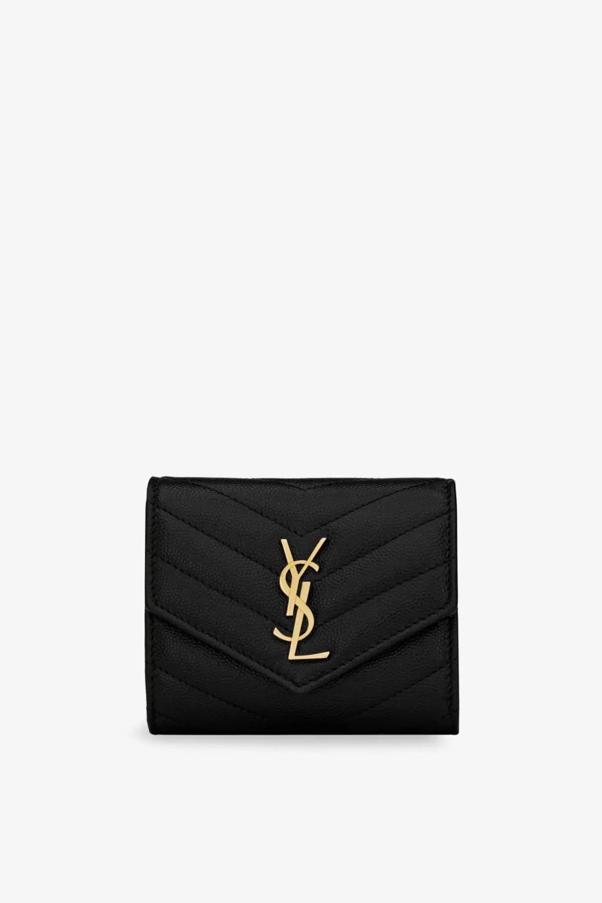 Saint Laurent women’s quilted leather wallet in black featuring a black quilted leather YSL card case with gold-tone logo