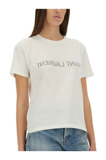 Saint Laurent women’s white off-white t-shirt with silver glitter logo across the chest