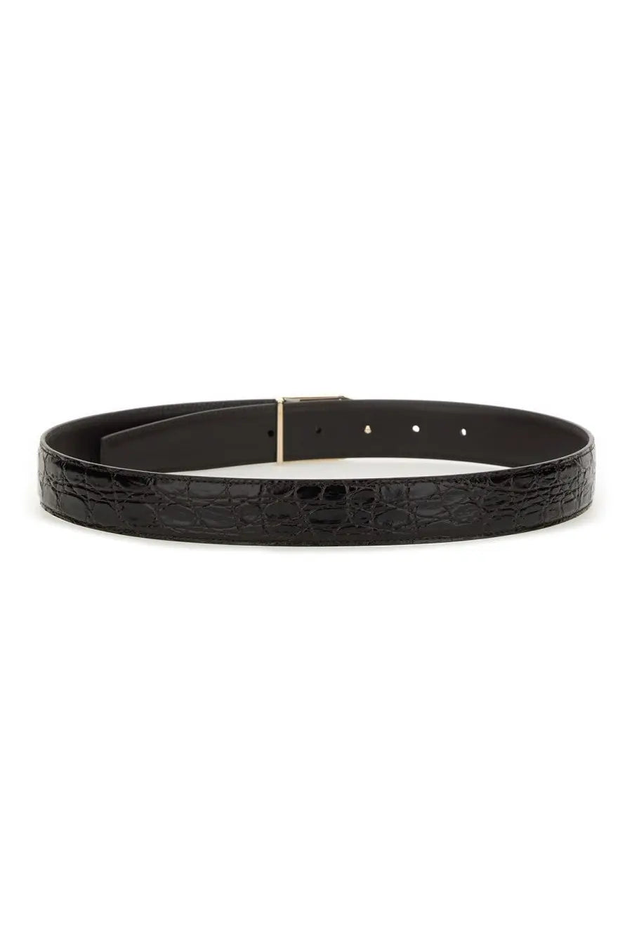 Saint Laurent women’s reversible belt in black crocodile embossed leather with a gold tone buckle
