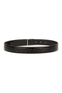 Saint Laurent women’s reversible belt in black crocodile embossed leather with a gold tone buckle