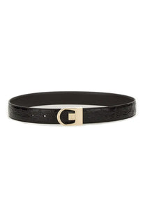 Saint Laurent women’s reversible belt black with black crocodile-embossed leather and gold-tone d-ring buckle