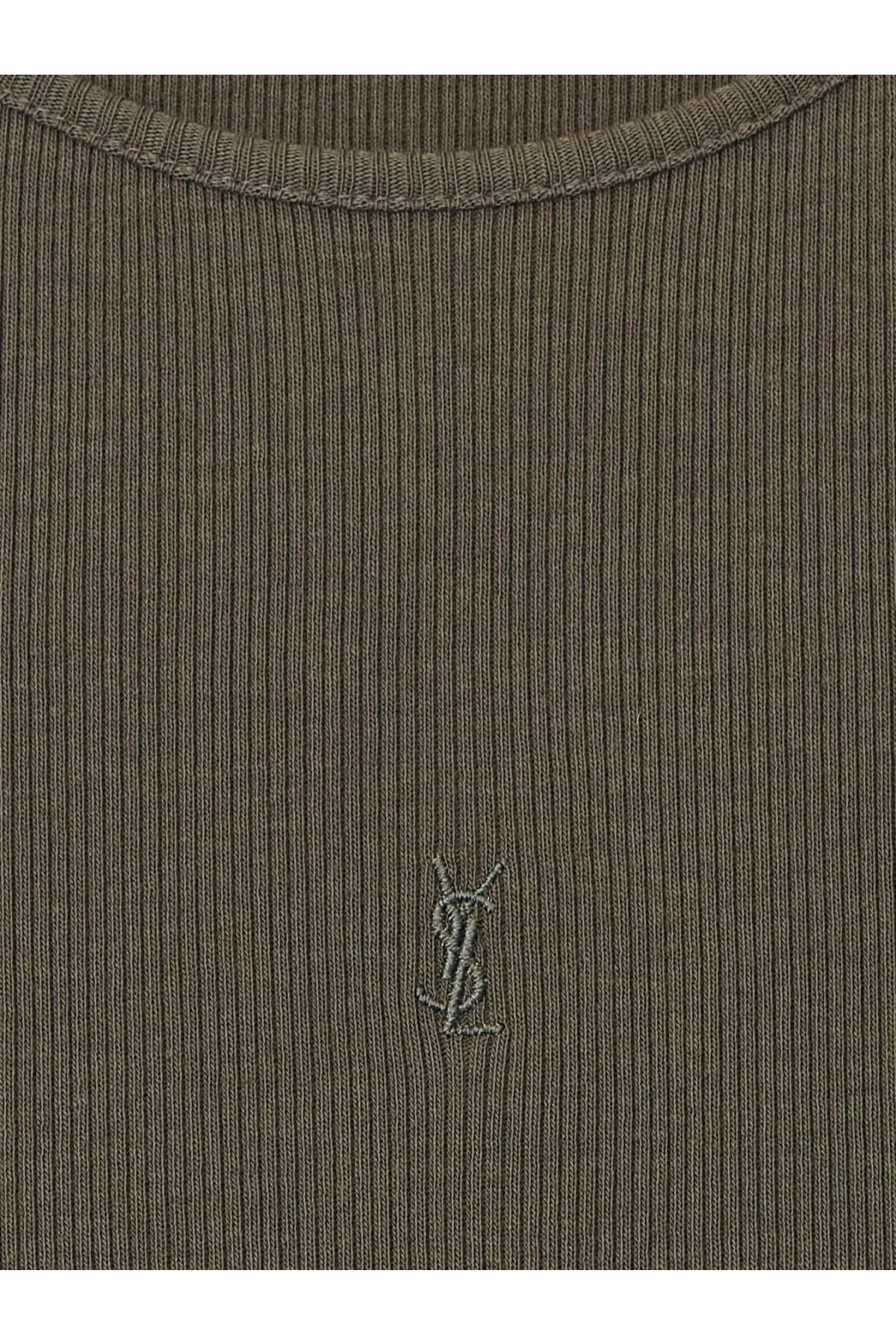 Saint Laurent women’s olive green ribbed cotton top with subtle embroidered YSL logo at center front