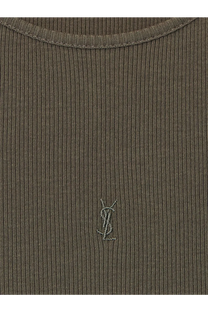 Saint Laurent women’s olive green ribbed cotton top with subtle embroidered YSL logo at the center