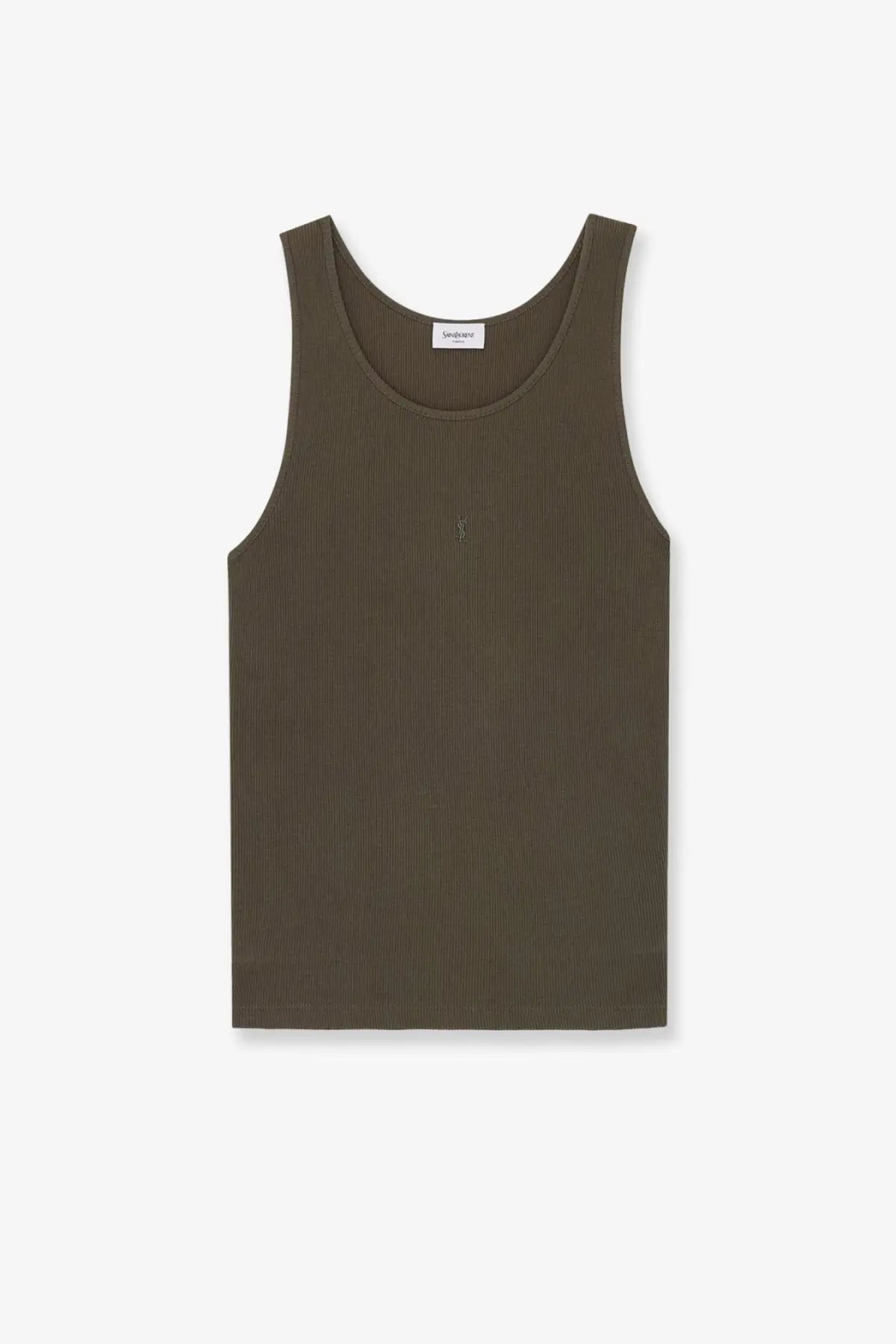 Saint Laurent women’s olive green ribbed cotton tank top with small embroidered logo at center chest