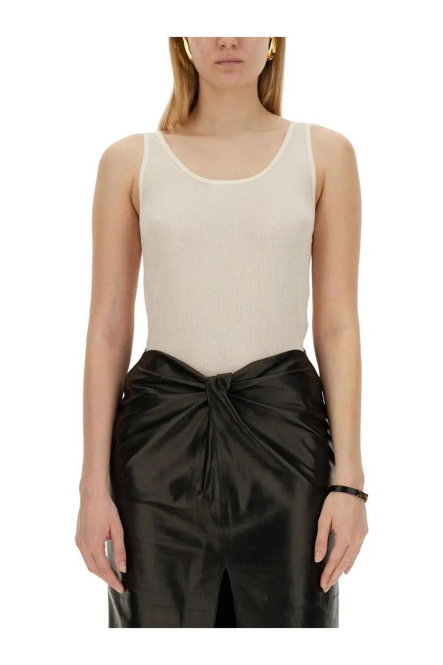 Saint Laurent women’s beige cream-colored ribbed knit sleeveless tank top with round neckline