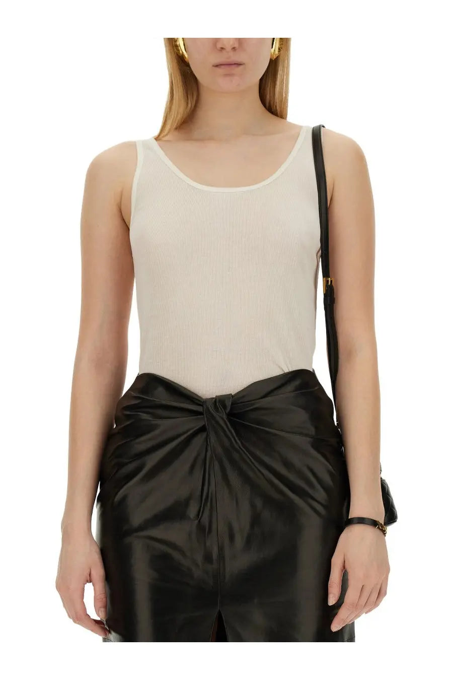 Saint Laurent women’s cream-colored ribbed knit tank top with round neckline in beige color
