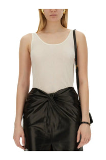 Saint Laurent women’s cream-colored ribbed knit tank top with round neckline in beige color