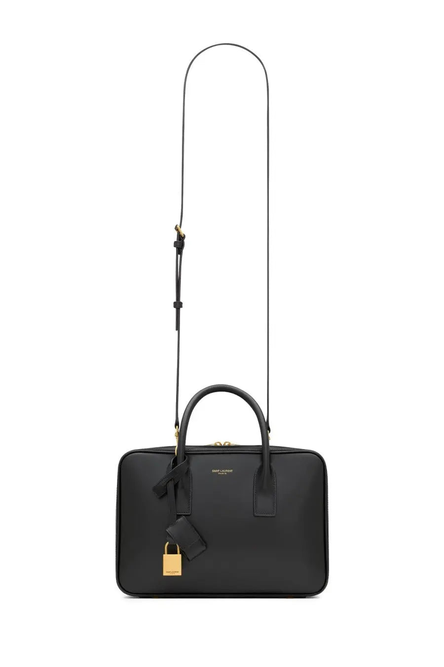 Saint Laurent women’s sac de jour black leather briefcase with gold-tone hardware and detachable shoulder strap