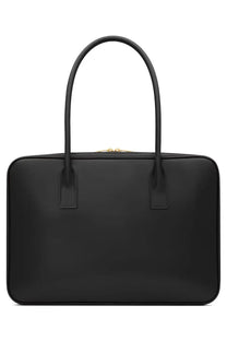 Saint Laurent women’s sac de jour black leather laptop bag with gold-tone zipper and handles