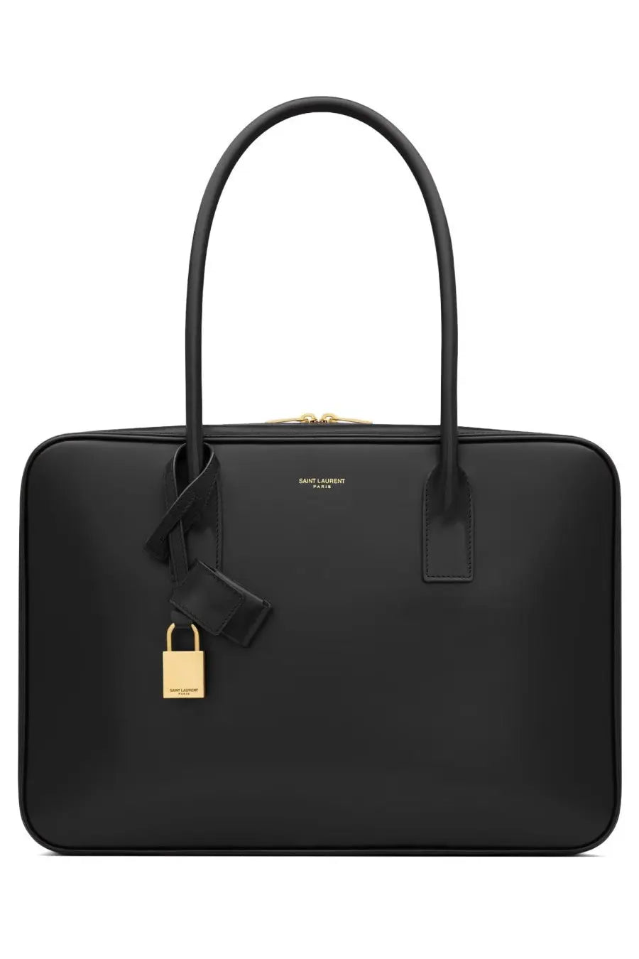 Saint Laurent women’s sac de jour black tote bag in black leather with gold-tone hardware and matching padlock